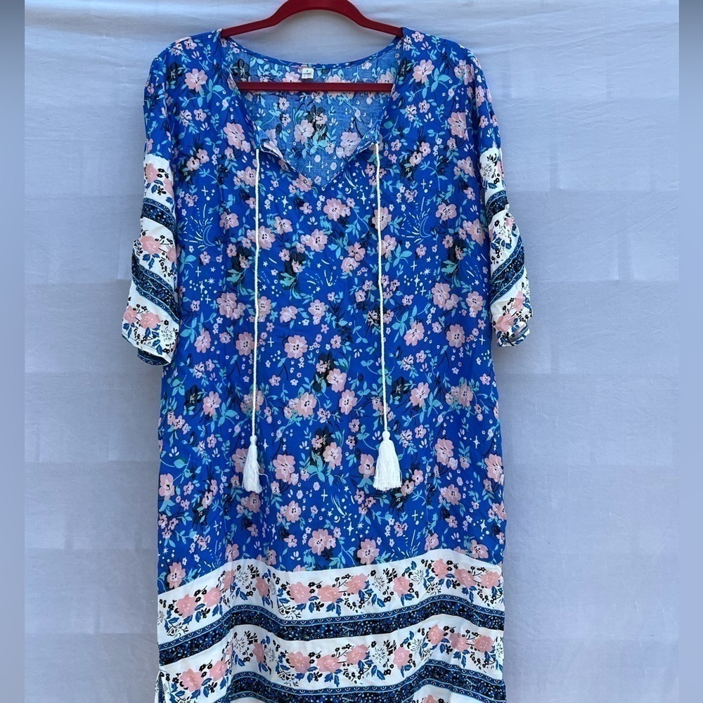 Halife Cover Up Dress Tassel Tie Neck Loose Fit Bohemian Tunic Dress